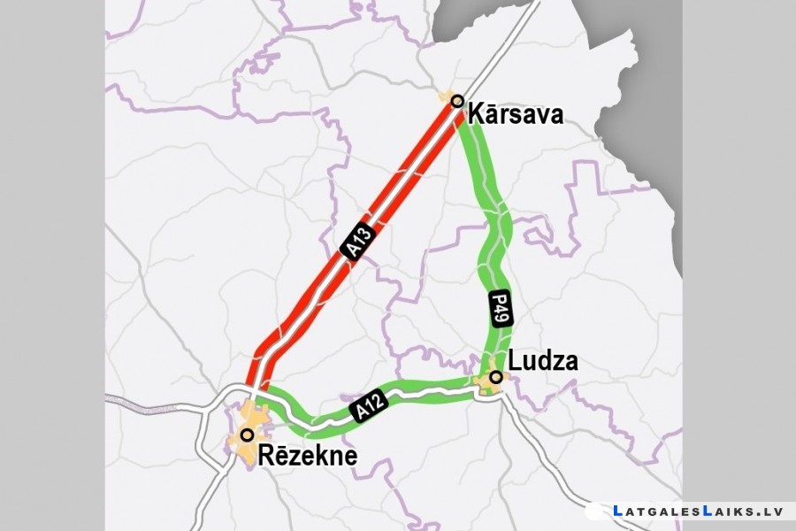 Slēgta šoseja starp Kārsavu un Rēzekni (A13)
